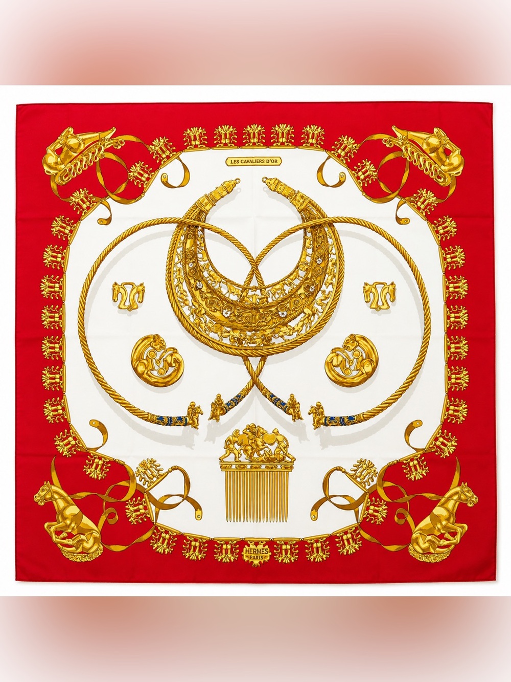 Hermès Les Cavaliers d’Or Carré 90 Silk Scarf Red Gold Vintage 35”